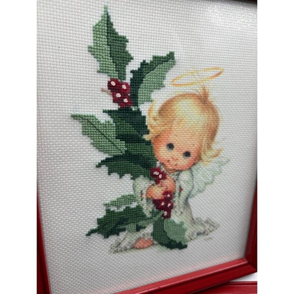 Set Of 2 Vtg Ruth Morehead Angel Complete Cross Stitch Framed Art Red Frames - Picture 3 of 7